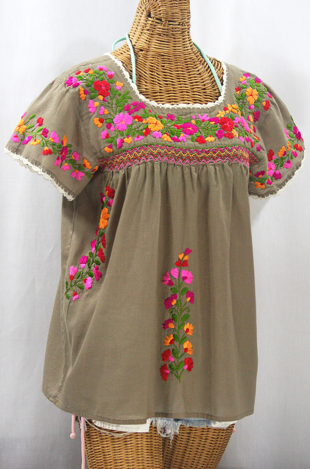 "La Marina Corta" Embroidered Mexican Peasant Blouse - Khaki + Bright Mix