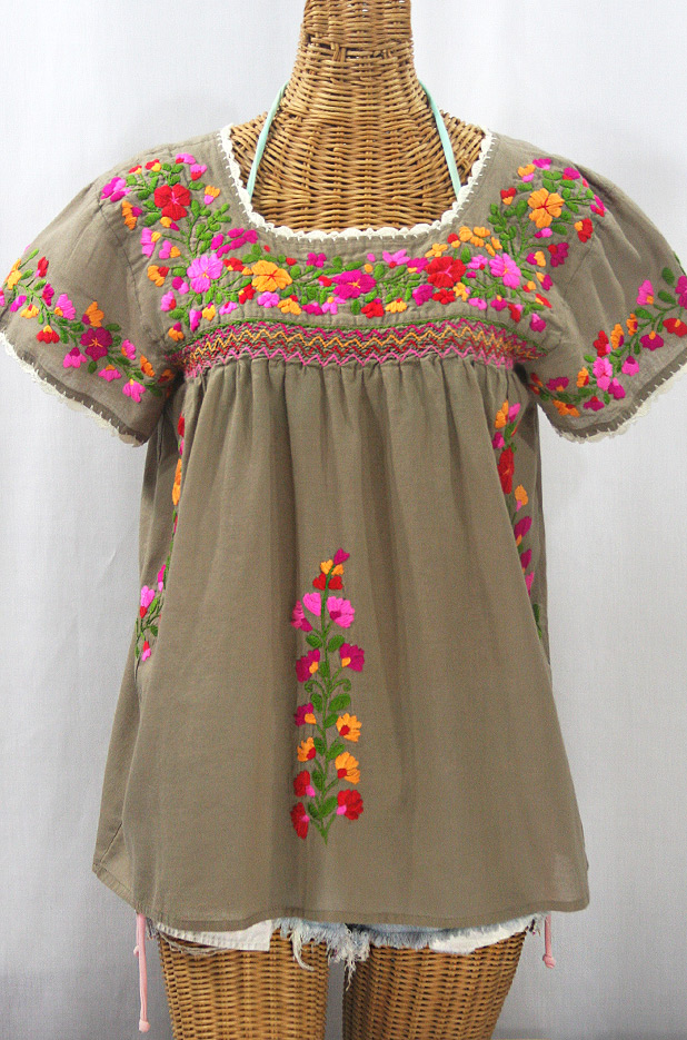 "La Marina Corta" Embroidered Mexican Peasant Blouse - Khaki + Bright Mix