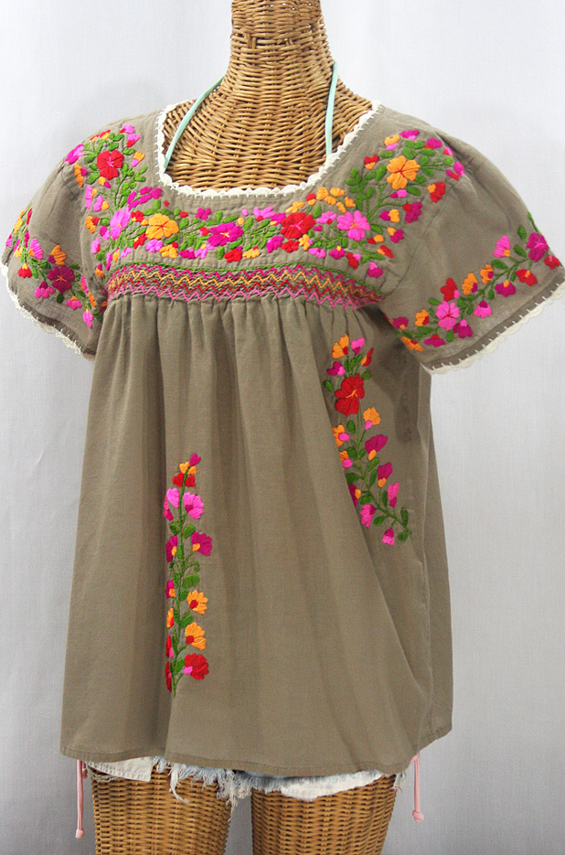 "La Marina Corta" Embroidered Mexican Peasant Blouse - Khaki + Bright Mix