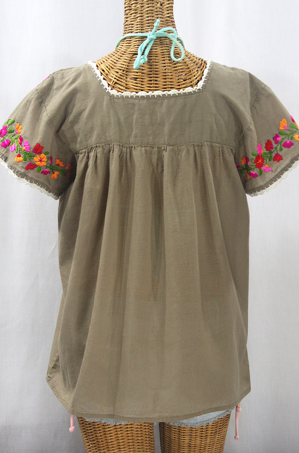 "La Marina Corta" Embroidered Mexican Peasant Blouse - Khaki + Bright Mix