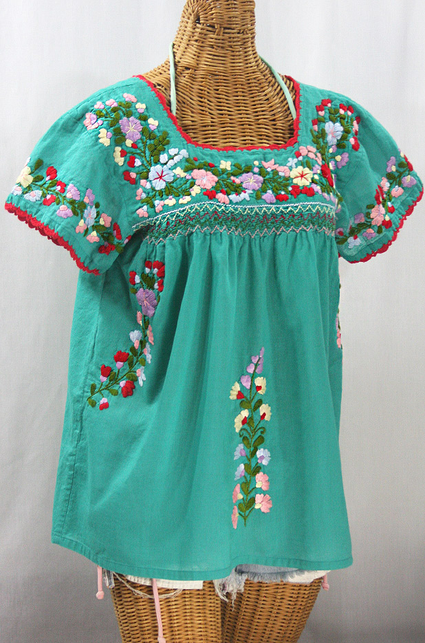 "La Marina Corta" Embroidered Mexican Peasant Blouse - Mint Green + Multi