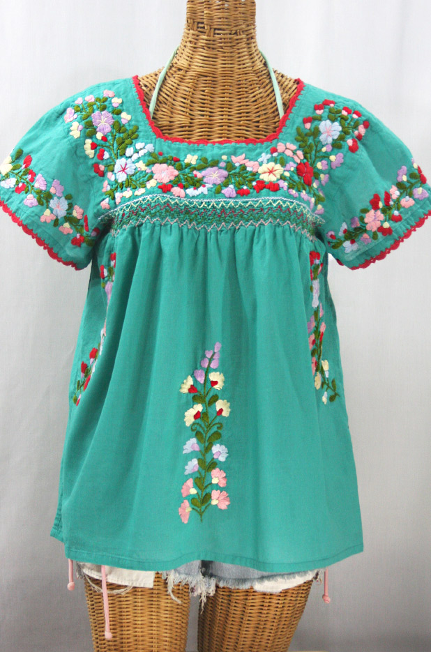 "La Marina Corta" Embroidered Mexican Peasant Blouse - Mint Green + Multi