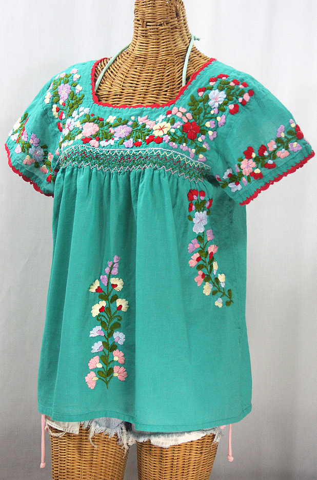 "La Marina Corta" Embroidered Mexican Peasant Blouse - Mint Green + Multi