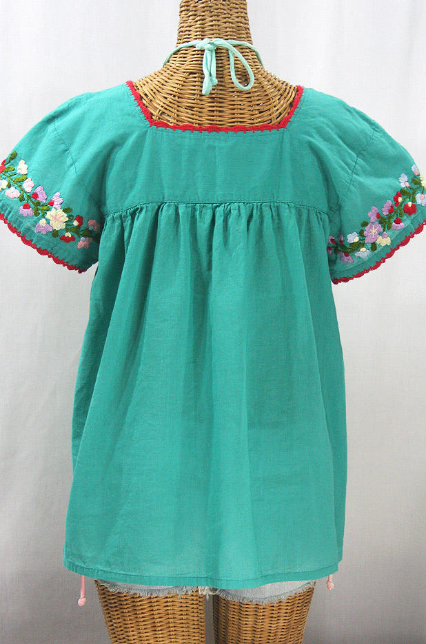 "La Marina Corta" Embroidered Mexican Peasant Blouse - Mint Green + Multi