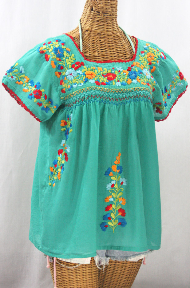 "La Marina Corta" Embroidered Mexican Peasant Blouse - Mint Green + Spring Fiesta