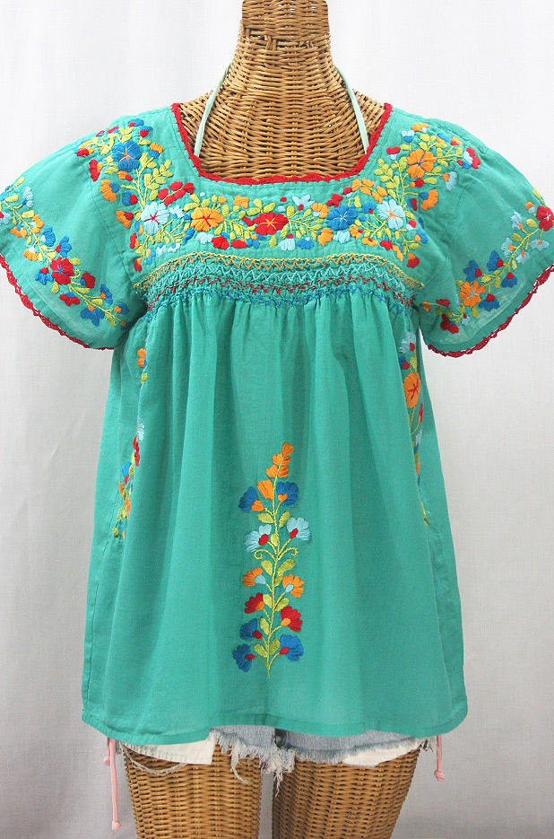 "La Marina Corta" Embroidered Mexican Peasant Blouse - Mint Green + Spring Fiesta