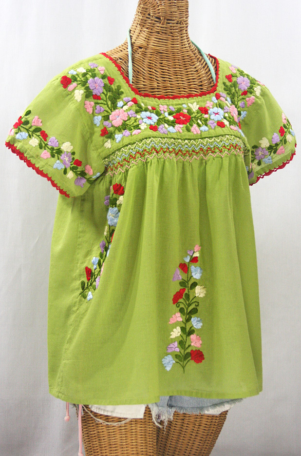 "La Marina Corta" Embroidered Mexican Peasant Blouse - Moss Green + Multi