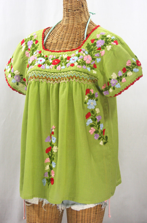 "La Marina Corta" Embroidered Mexican Peasant Blouse - Moss Green + Multi