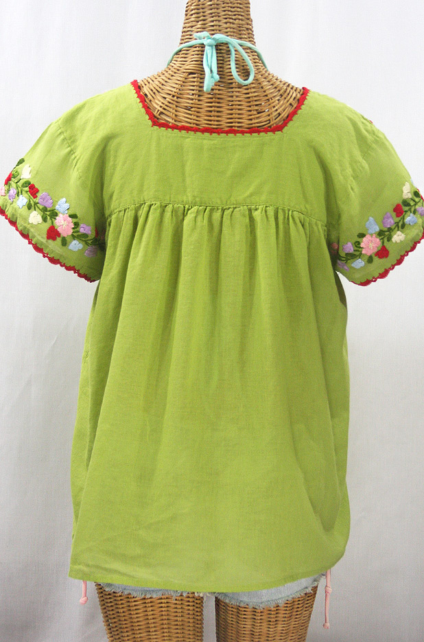 "La Marina Corta" Embroidered Mexican Peasant Blouse - Moss Green + Multi