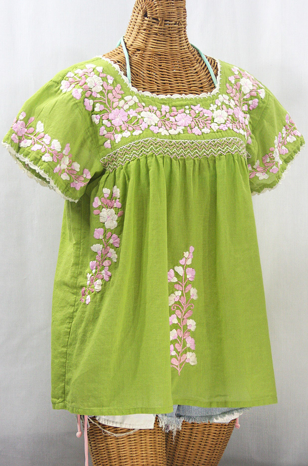 "La Marina Corta" Embroidered Mexican Peasant Blouse - Moss Green + Pink Mix