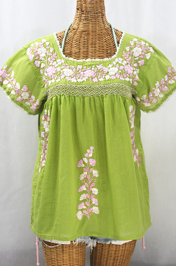 "La Marina Corta" Embroidered Mexican Peasant Blouse - Moss Green + Pink Mix