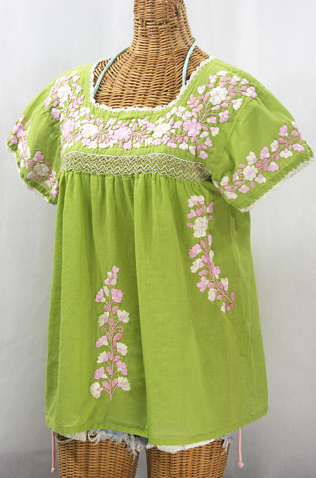 "La Marina Corta" Embroidered Mexican Peasant Blouse - Moss Green + Pink Mix