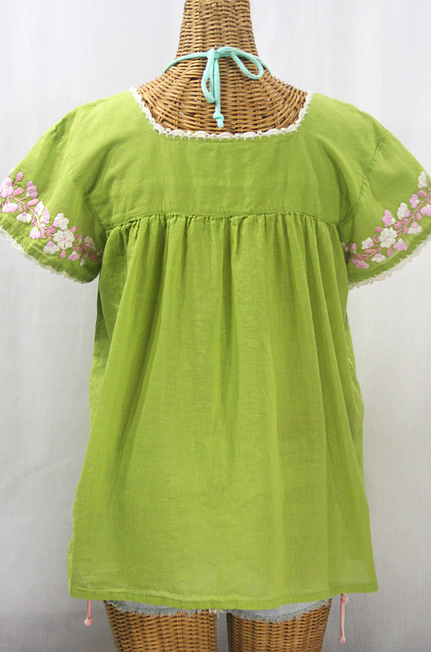 "La Marina Corta" Embroidered Mexican Peasant Blouse - Moss Green + Pink Mix