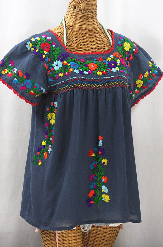 "La Marina Corta" Embroidered Mexican Peasant Blouse - Navy + Rainbow