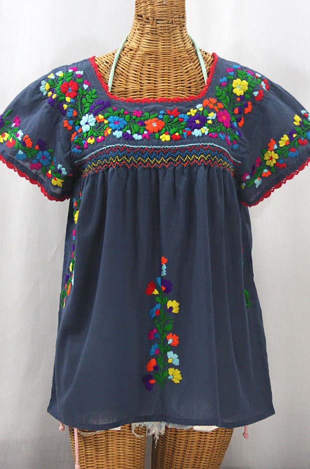 "La Marina Corta" Embroidered Mexican Peasant Blouse - Navy + Rainbow