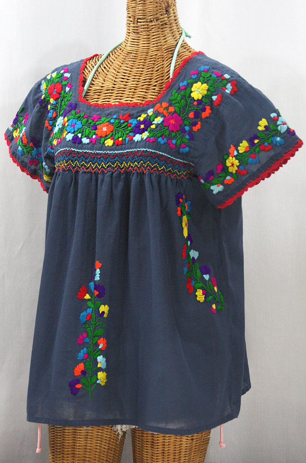 "La Marina Corta" Embroidered Mexican Peasant Blouse - Navy + Rainbow