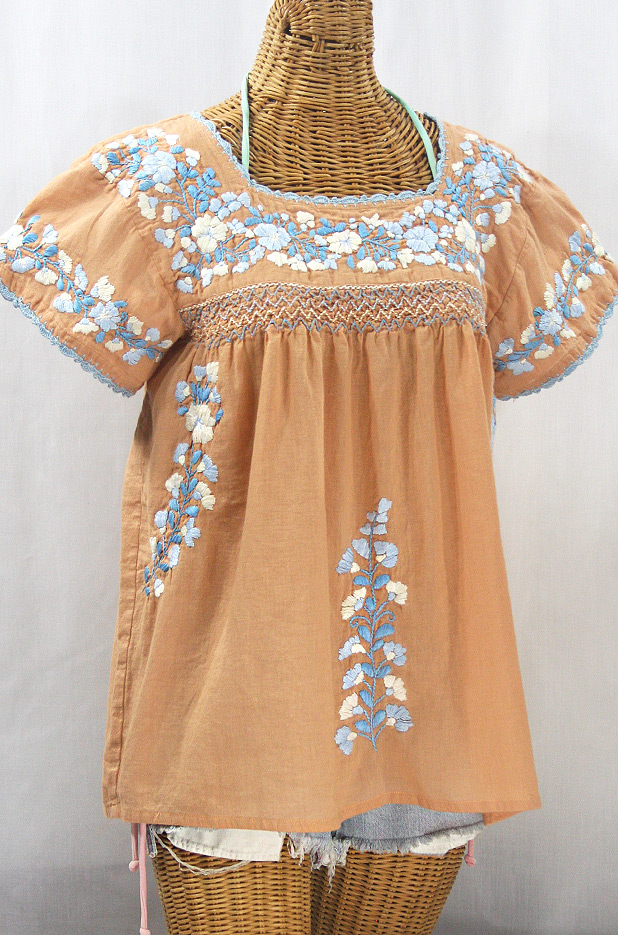 "La Marina Corta" Embroidered Mexican Peasant Blouse - Dusty Melon + Blue Mix