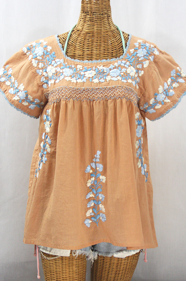 "La Marina Corta" Embroidered Mexican Peasant Blouse - Dusty Melon + Blue Mix