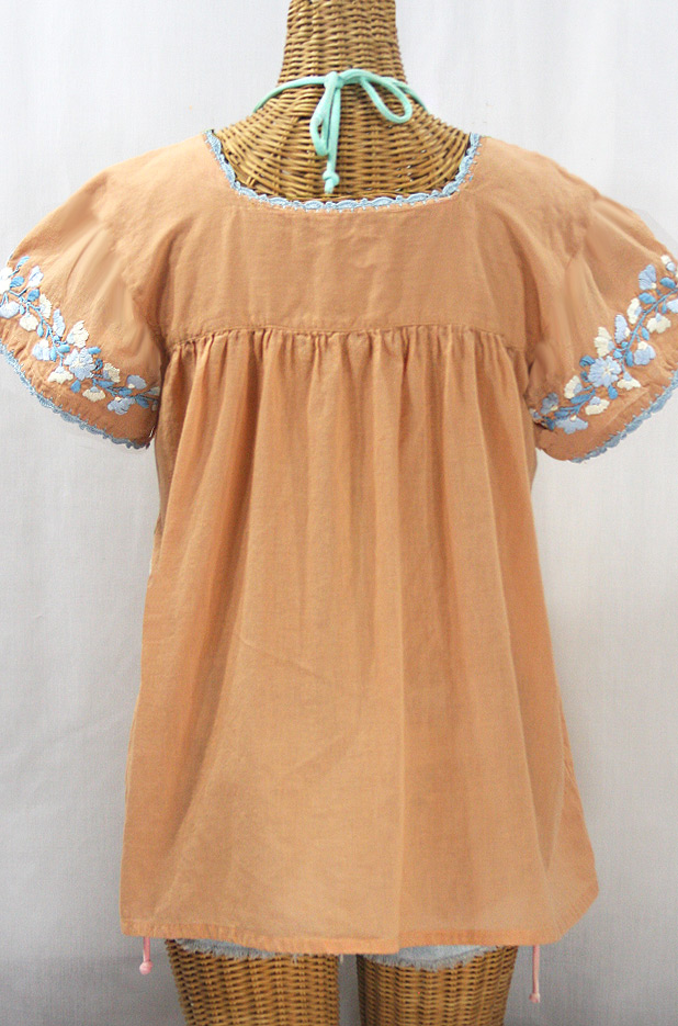 "La Marina Corta" Embroidered Mexican Peasant Blouse - Dusty Melon + Blue Mix