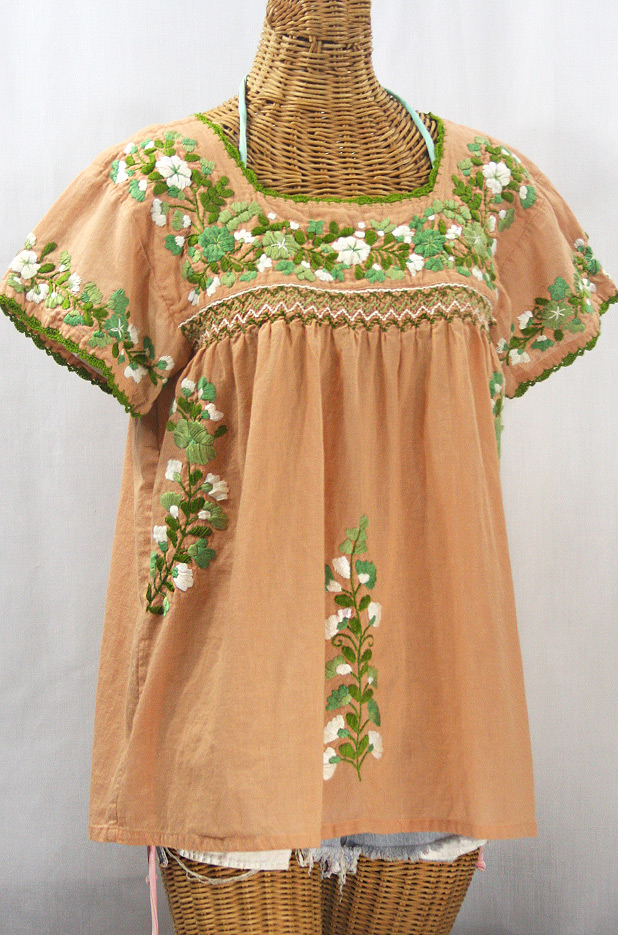 "La Marina Corta" Embroidered Mexican Peasant Blouse - Dusty Melon + Green Mix