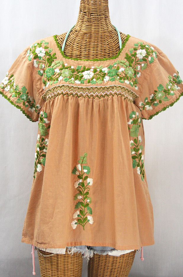 "La Marina Corta" Embroidered Mexican Peasant Blouse - Dusty Melon + Green Mix