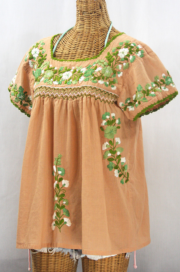 "La Marina Corta" Embroidered Mexican Peasant Blouse - Dusty Melon + Green Mix