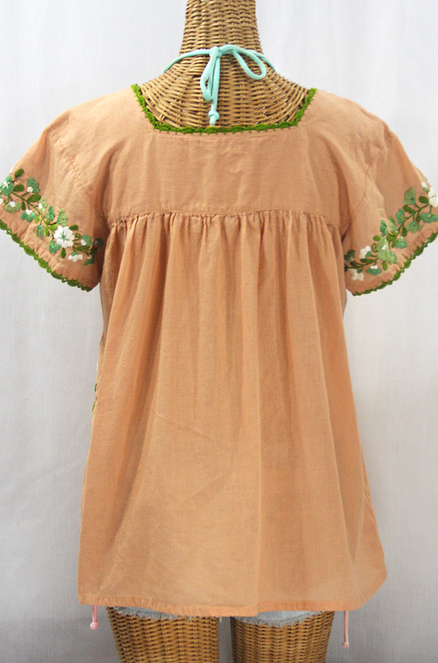 "La Marina Corta" Embroidered Mexican Peasant Blouse - Dusty Melon + Green Mix