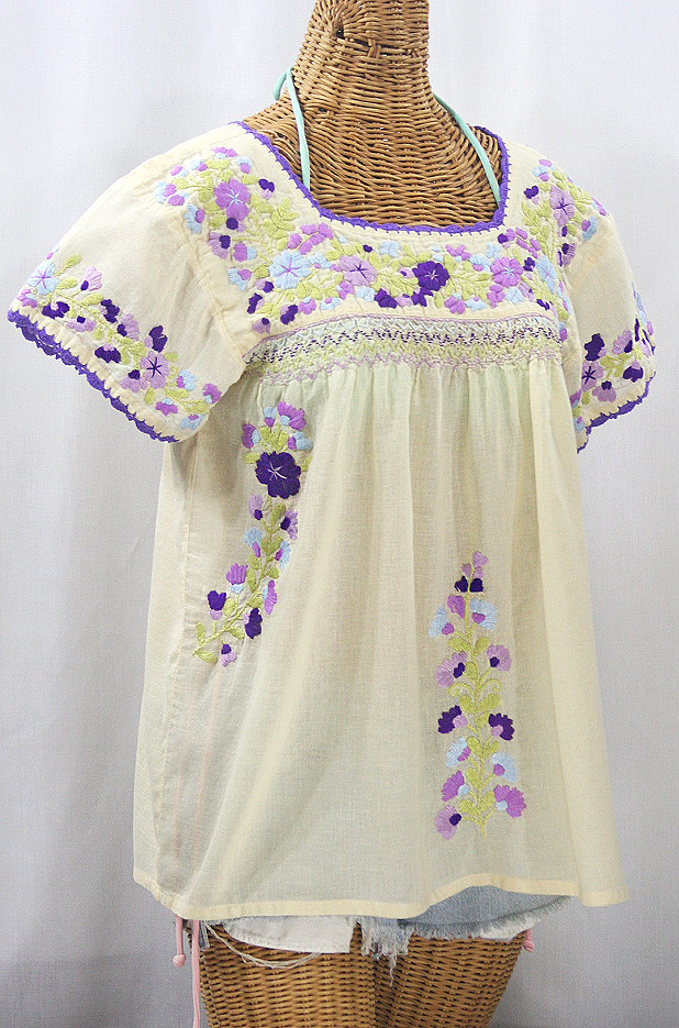 "La Marina Corta" Embroidered Mexican Peasant Blouse - Pale Yellow + Purple Multi