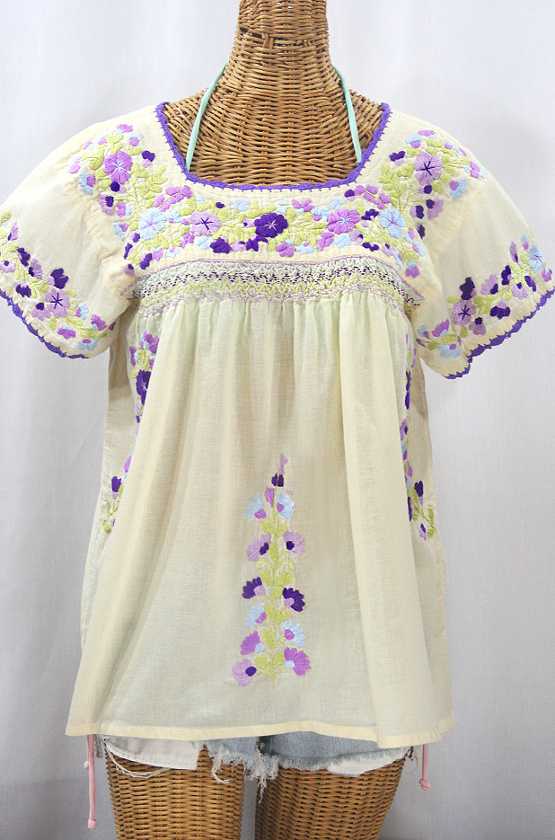 "La Marina Corta" Embroidered Mexican Peasant Blouse - Pale Yellow + Purple Multi