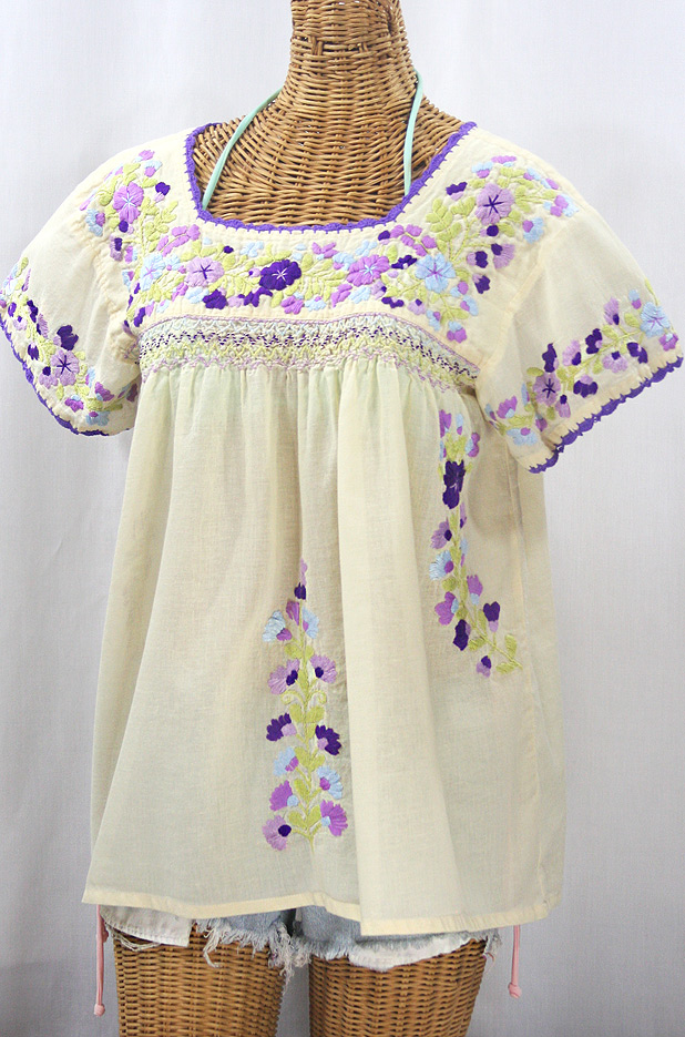 "La Marina Corta" Embroidered Mexican Peasant Blouse - Pale Yellow + Purple Multi