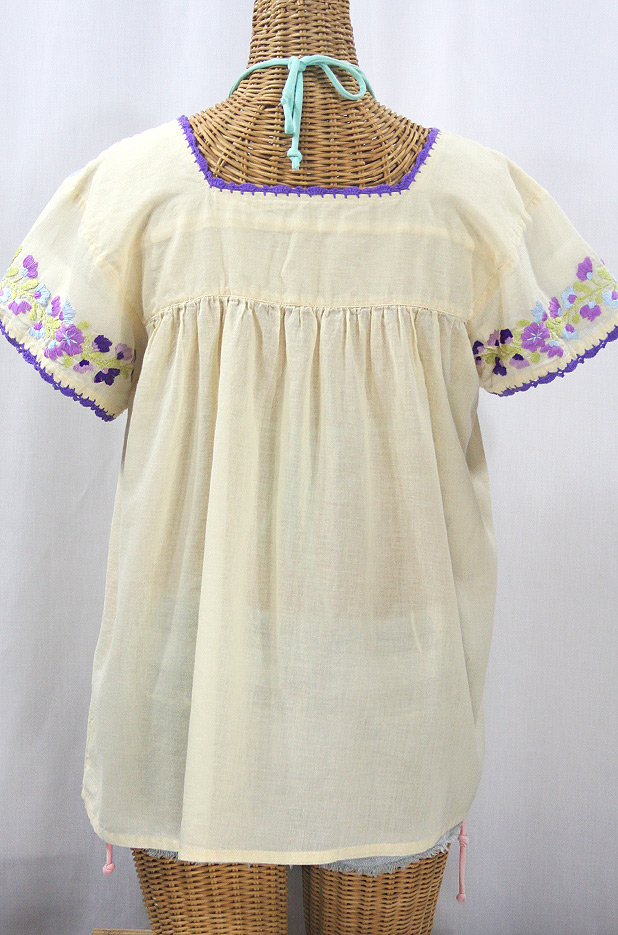 "La Marina Corta" Embroidered Mexican Peasant Blouse - Pale Yellow + Purple Multi