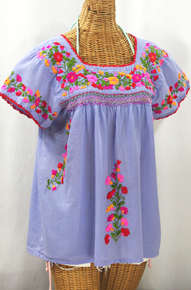 "La Marina Corta" Embroidered Mexican Peasant Blouse - Periwinkle + Bright Mix