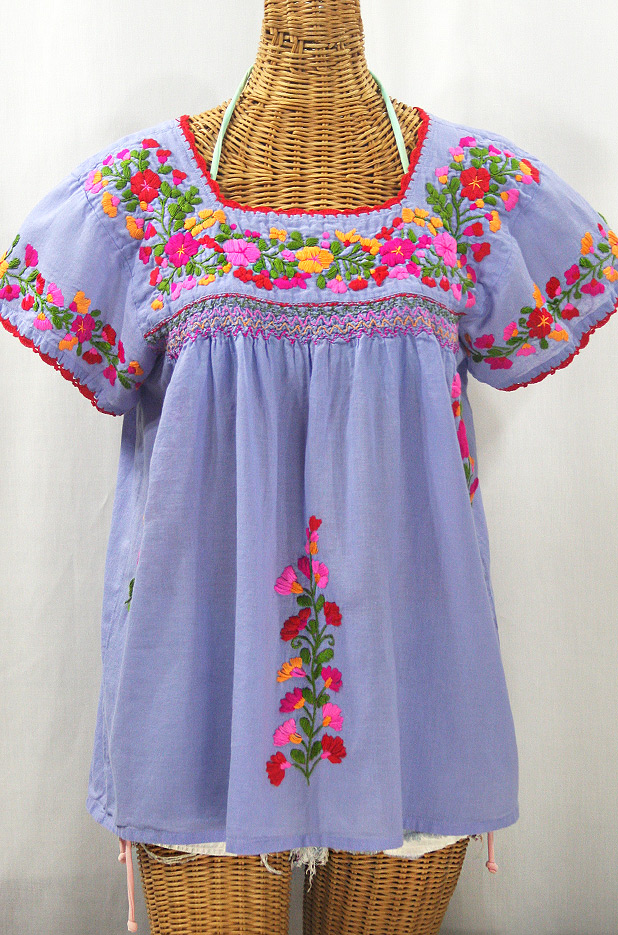 "La Marina Corta" Embroidered Mexican Peasant Blouse - Periwinkle + Bright Mix