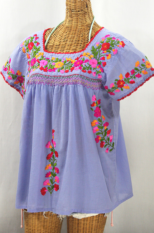 "La Marina Corta" Embroidered Mexican Peasant Blouse - Periwinkle + Bright Mix