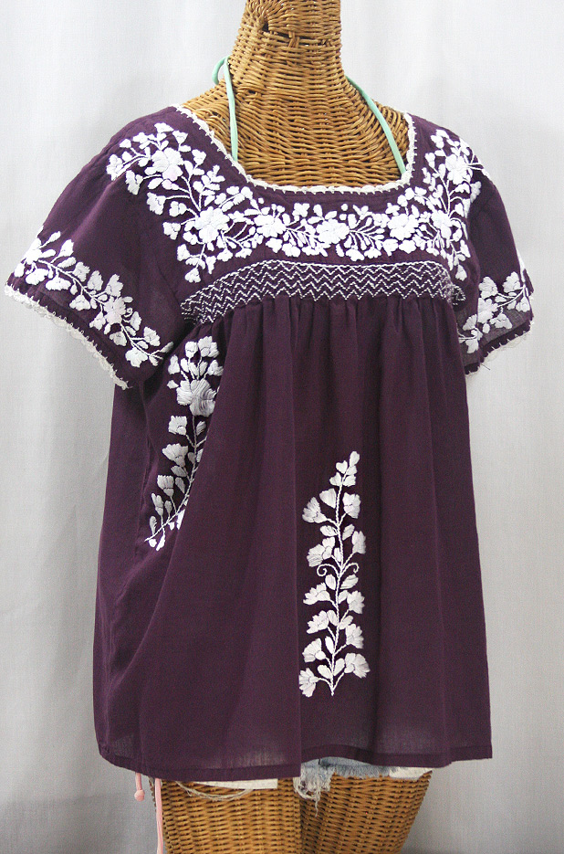 "La Marina Corta" Embroidered Mexican Peasant Blouse - Plum + White