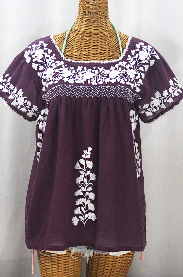 "La Marina Corta" Embroidered Mexican Peasant Blouse - Plum + White