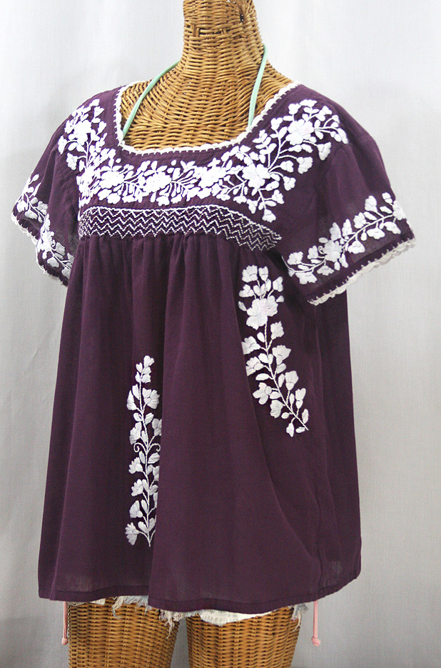 "La Marina Corta" Embroidered Mexican Peasant Blouse - Plum + White