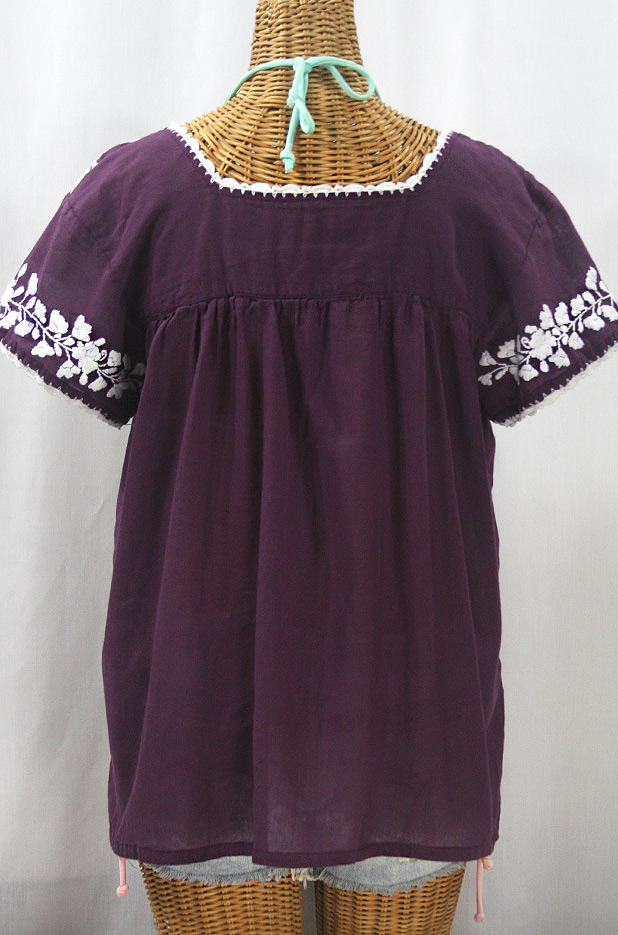 "La Marina Corta" Embroidered Mexican Peasant Blouse - Plum + White