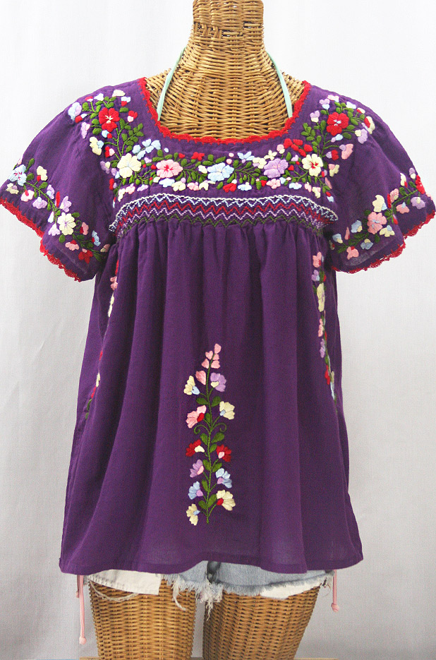 "La Marina Corta" Embroidered Mexican Peasant Blouse - Purple + Multi