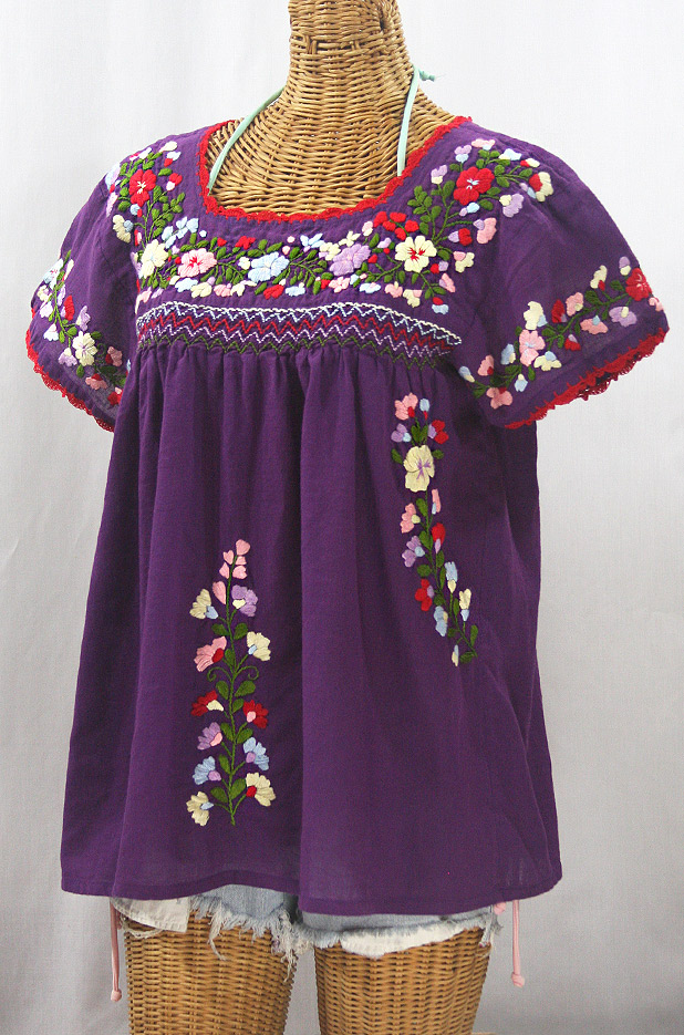 "La Marina Corta" Embroidered Mexican Peasant Blouse - Purple + Multi