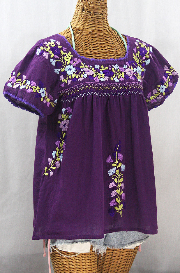 "La Marina Corta" Embroidered Mexican Peasant Blouse - Purple + Purple Multi