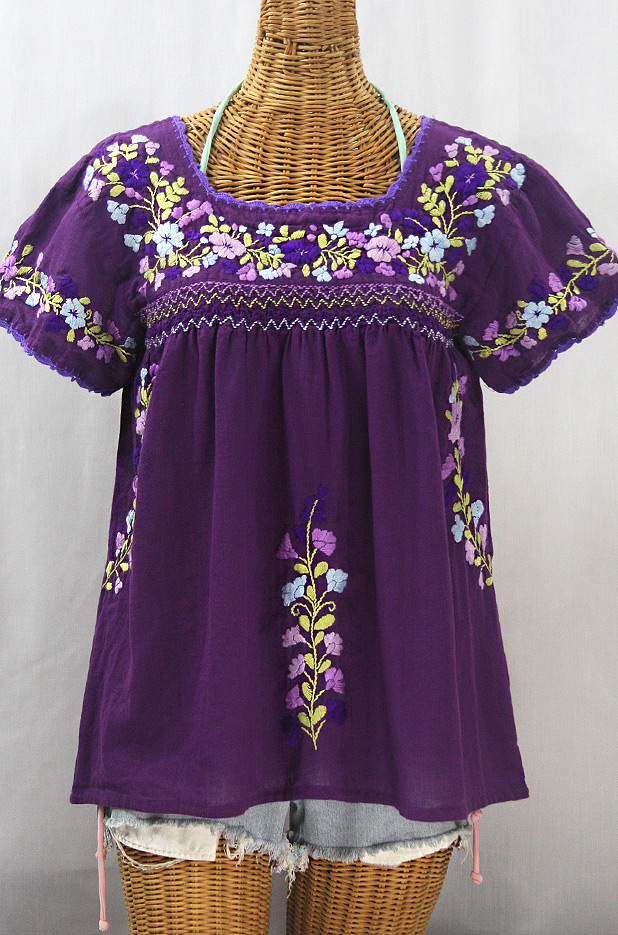 "La Marina Corta" Embroidered Mexican Peasant Blouse - Purple + Purple Multi