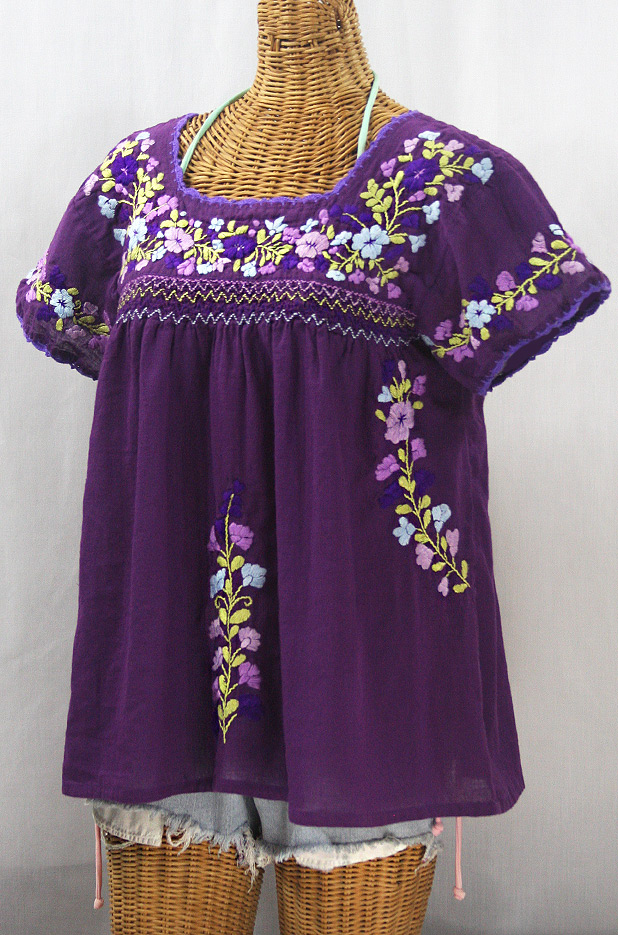 "La Marina Corta" Embroidered Mexican Peasant Blouse - Purple + Purple Multi