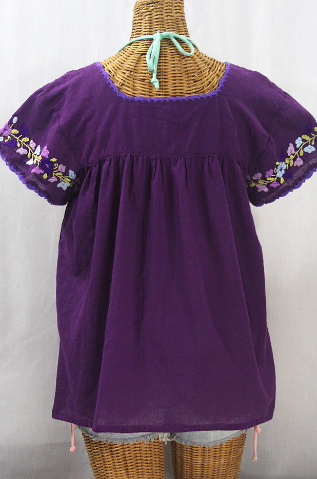 "La Marina Corta" Embroidered Mexican Peasant Blouse - Purple + Purple Multi