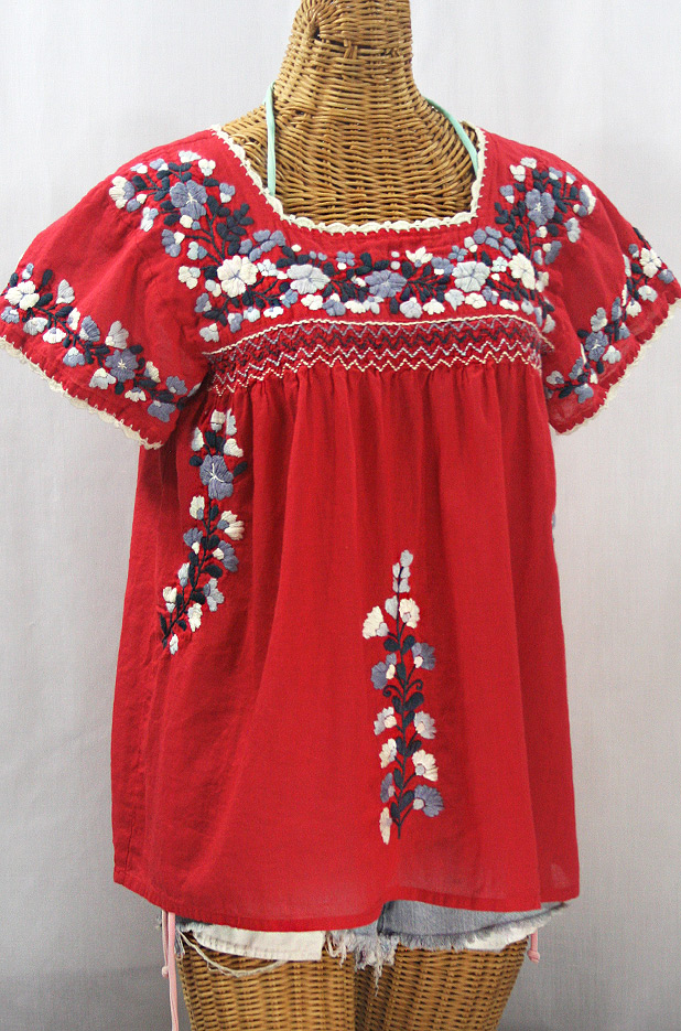 "La Marina Corta" Embroidered Mexican Peasant Blouse - Red + Grey Mix