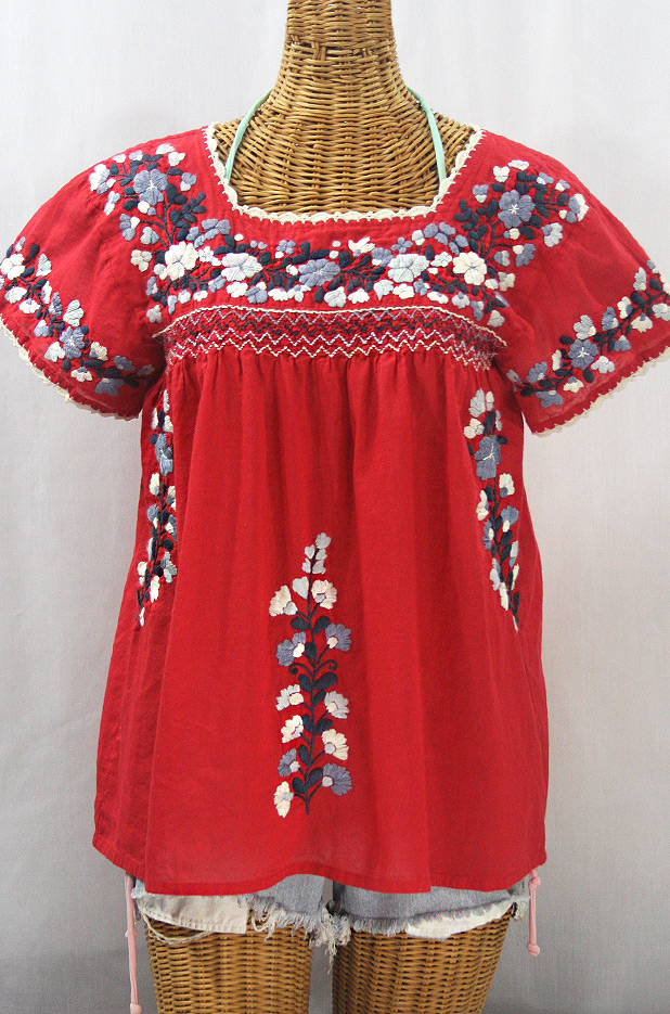 "La Marina Corta" Embroidered Mexican Peasant Blouse - Red + Grey Mix