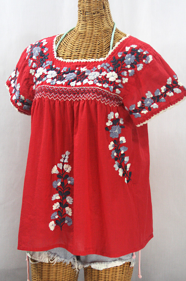 "La Marina Corta" Embroidered Mexican Peasant Blouse - Red + Grey Mix