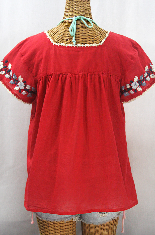 "La Marina Corta" Embroidered Mexican Peasant Blouse - Red + Grey Mix