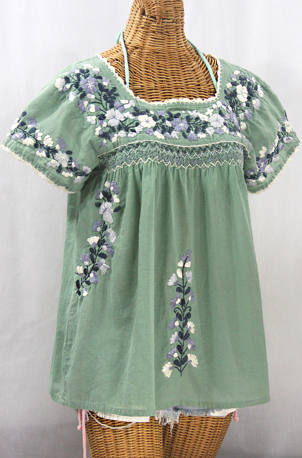 "La Marina Corta" Embroidered Mexican Peasant Blouse - Sage Green + Grey Mix