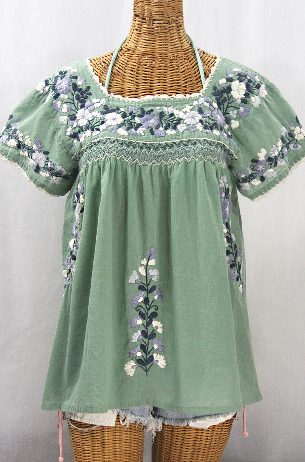 "La Marina Corta" Embroidered Mexican Peasant Blouse - Sage Green + Grey Mix